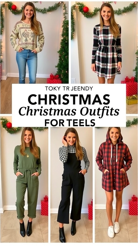 Trendy Christmas outfits for teens including sweaters, dresses, and layered looks with festive decorations.